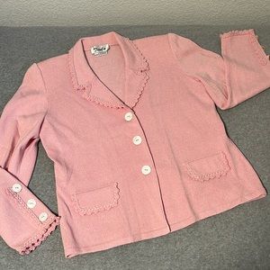 Vintage Toula Pink Knit Cardigan Sweater Size 12 Stretch Preppy Office Career